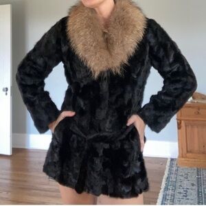 Black mink Fur Coat with Brown raccoon Collar